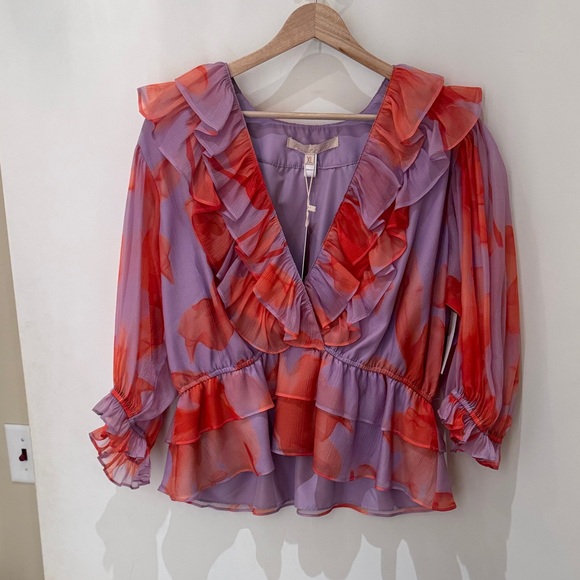 Hutch Floral Ruffle V-Neck Blouse - Purple and Orange NWT SZ XL